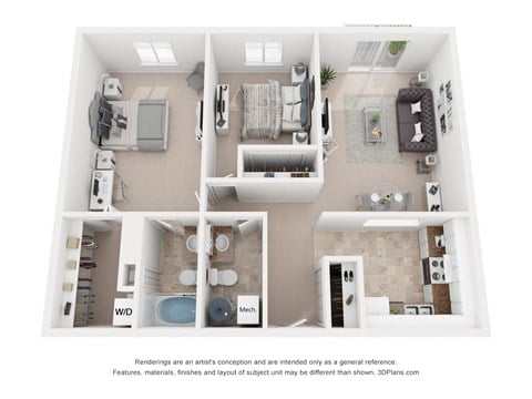 Floor plan for 2 beds, 1.5 baths, 972 sqft